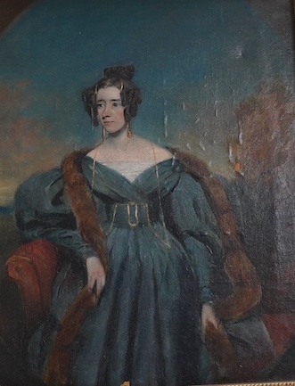 English School c.1840, oil on canvas, Portrait of a lady wearing a blue dress, 24 x 19cm. Condition - fair, some paint chips